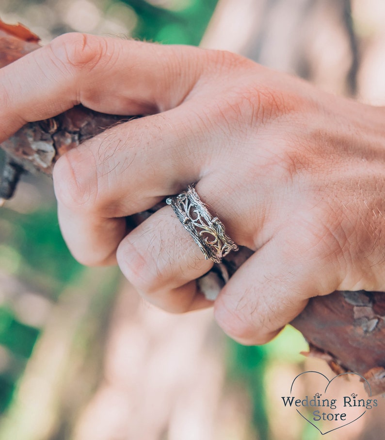 Men's Vintage Style Tree Silver Wedding Ring