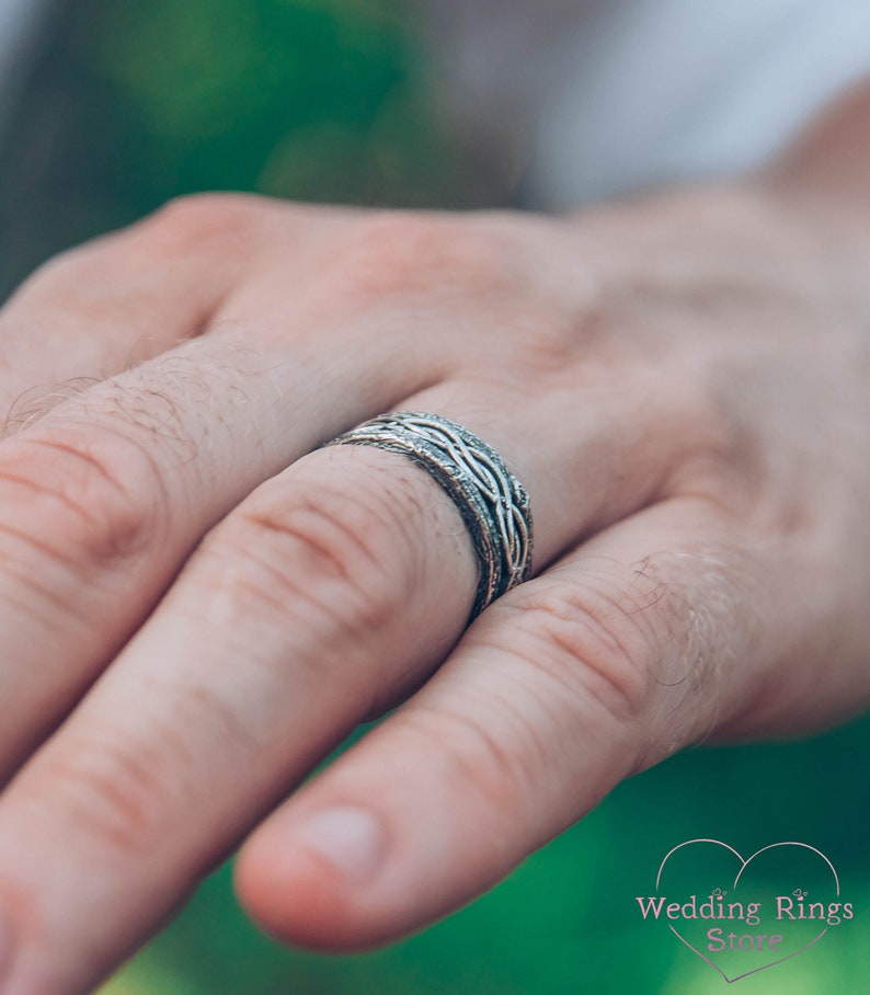 Silver Tree bark and Wavy lines Braided Wedding Band