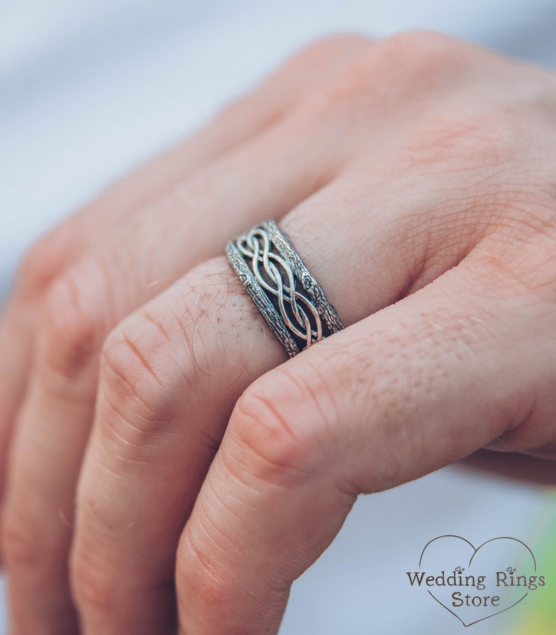 Silver Tree bark and Wavy lines Braided Wedding Band