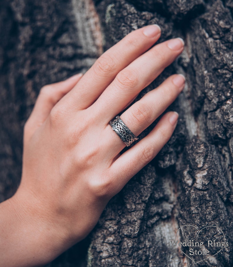 Unique Silver Tree bark Wedding Band with Celtic pattern