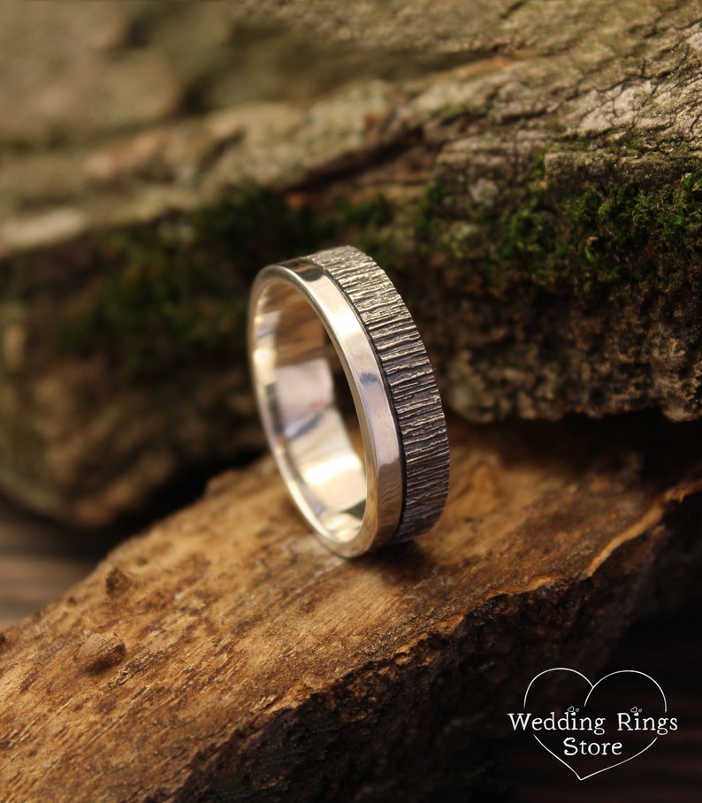 Double textured rustic Style Silver Tree bark Wedding Band