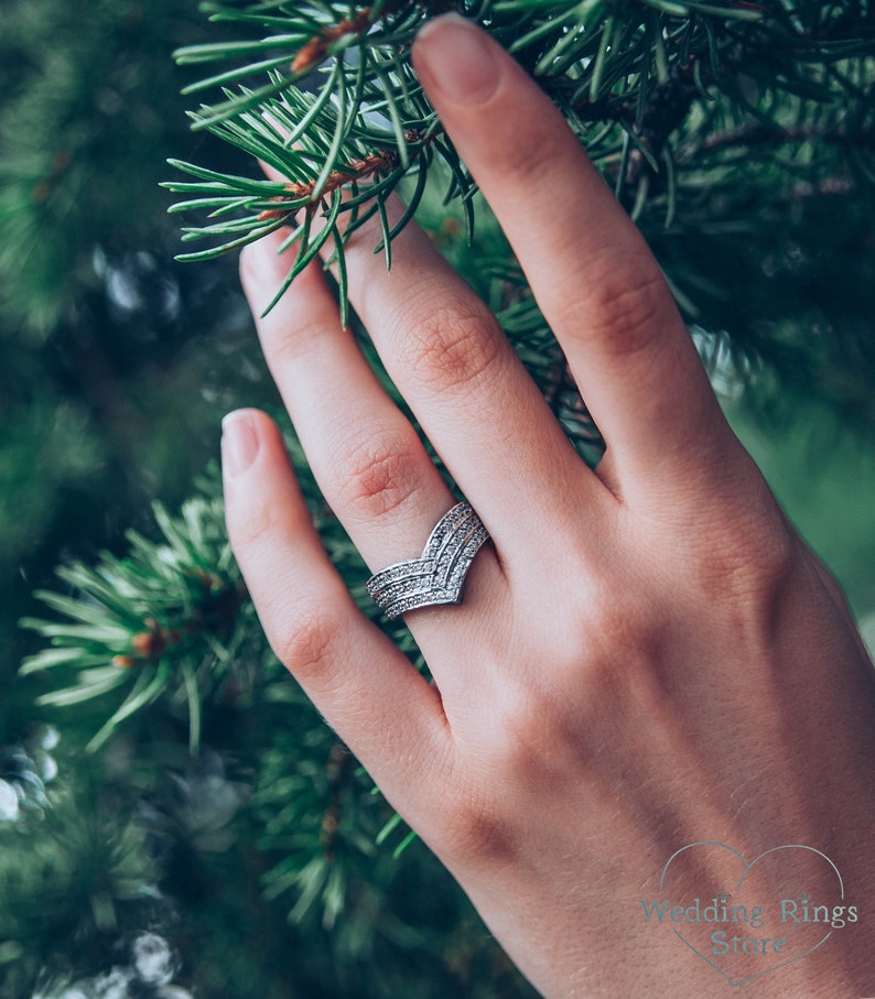 Massive Women's Chevron Wedding Band with White Stones