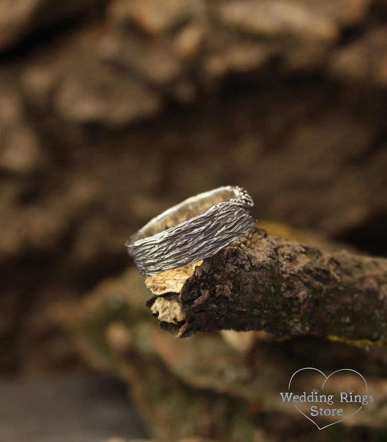 Sterling Silver Tree bark Wide Wedding Band with Garnets