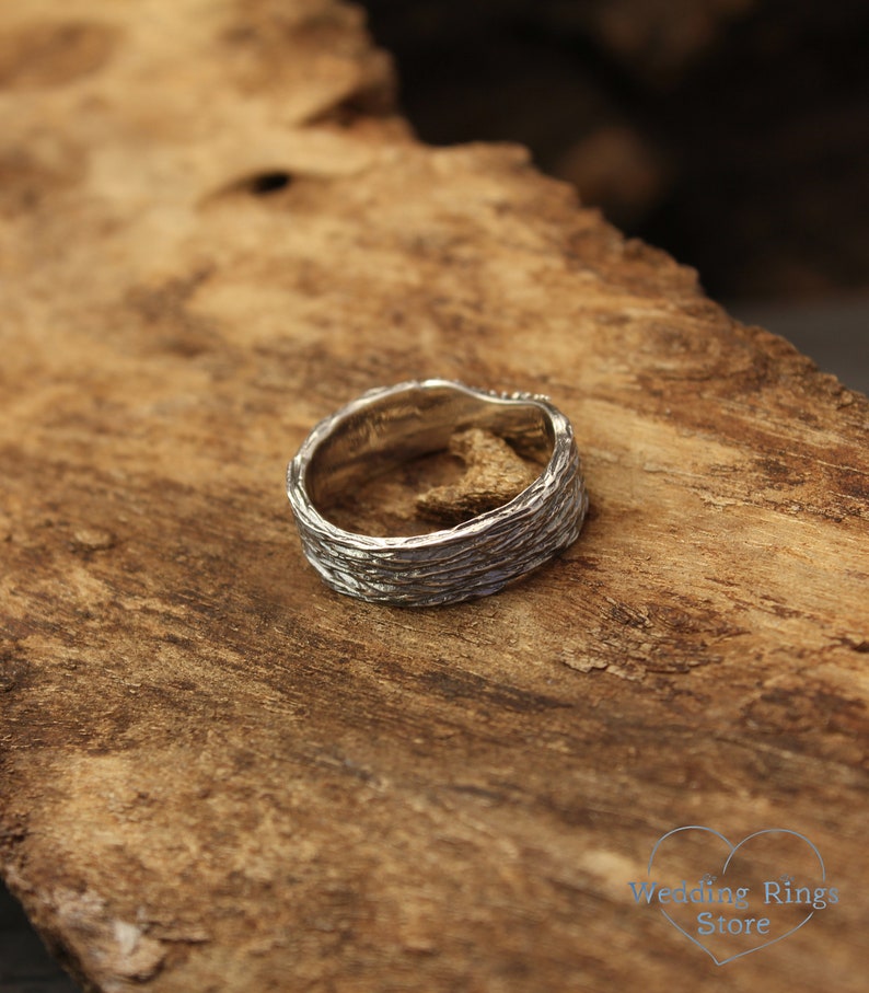 Sterling Silver Tree bark Wide Wedding Band with Garnets