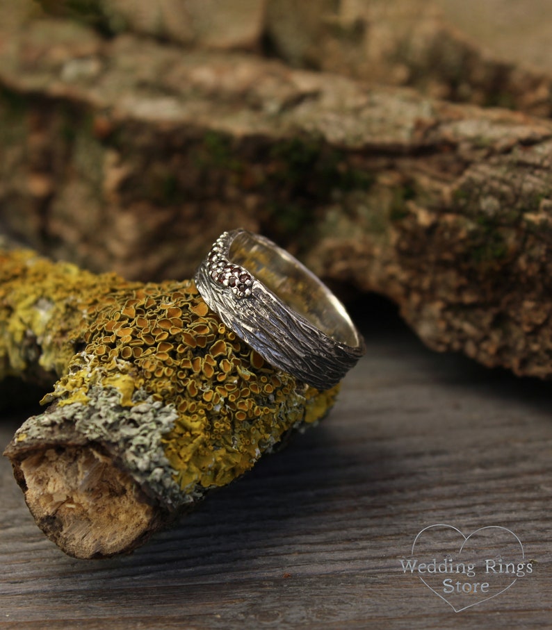 Sterling Silver Tree bark Wide Wedding Band with Garnets