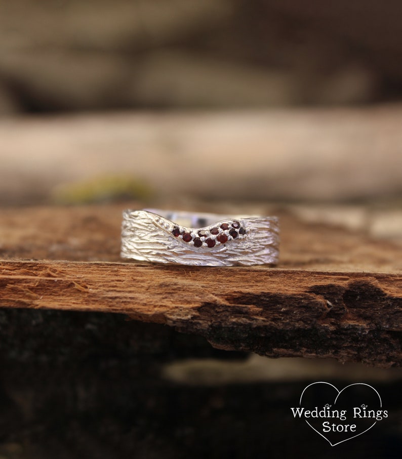 Sterling Silver Tree bark Wide Wedding Band with Garnets