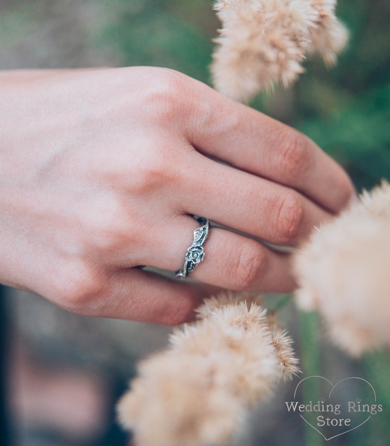 Nature Silver Rose birth flower on a Tiny Branch Ring for Her