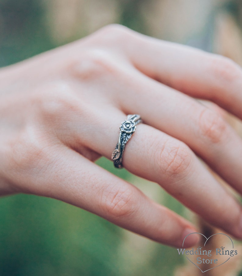 Nature Silver Rose birth flower on a Tiny Branch Ring for Her