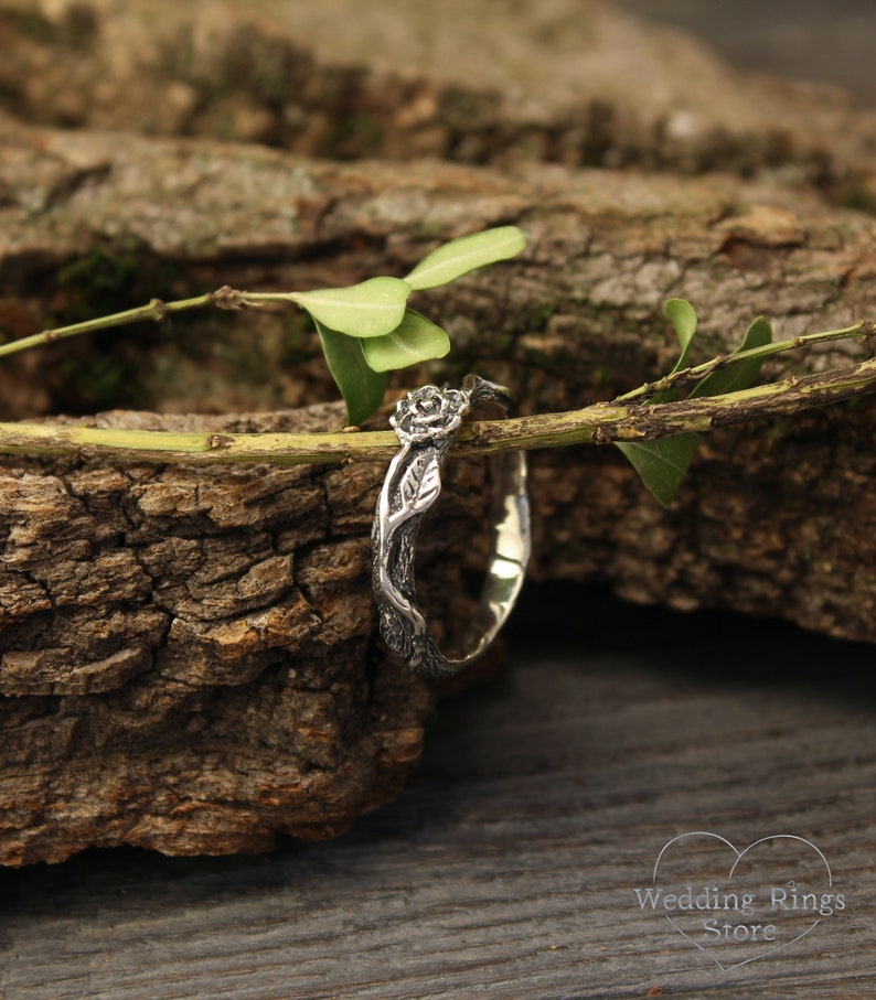 Nature Silver Rose birth flower on a Tiny Branch Ring for Her