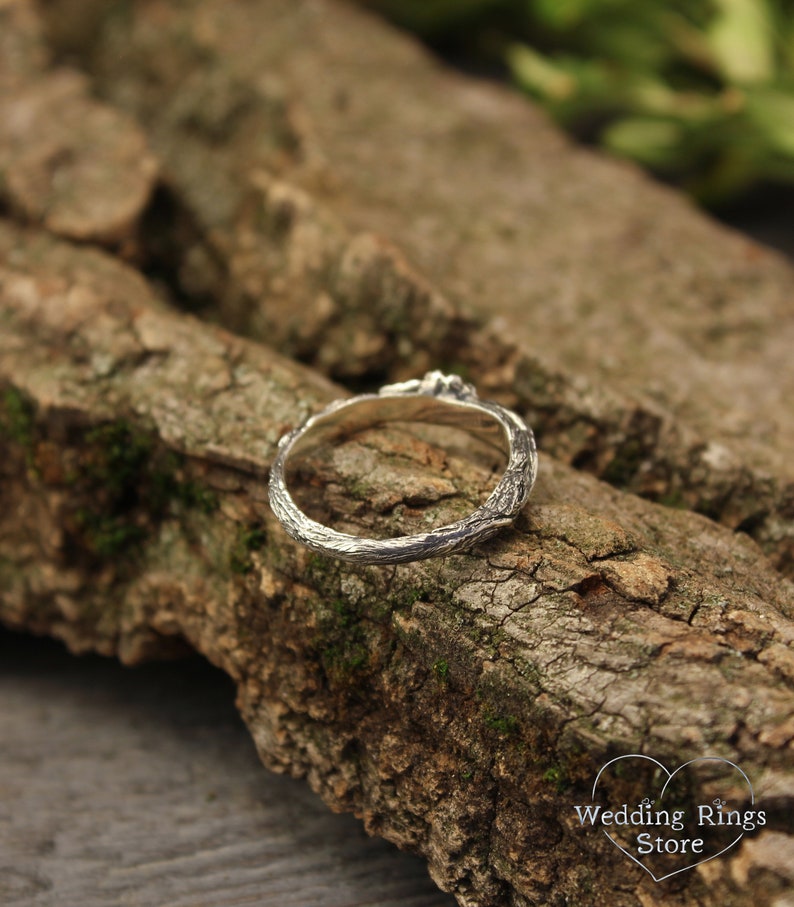 Nature Silver Rose birth flower on a Tiny Branch Ring for Her