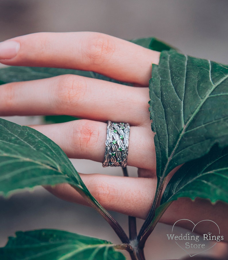 Silver Leaves and Branch Statement Wedding Band with Emeralds