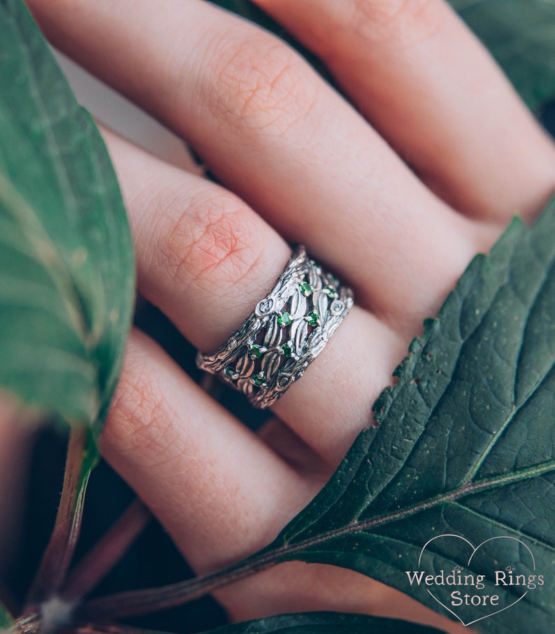 Silver Leaves and Branch Statement Wedding Band with Emeralds