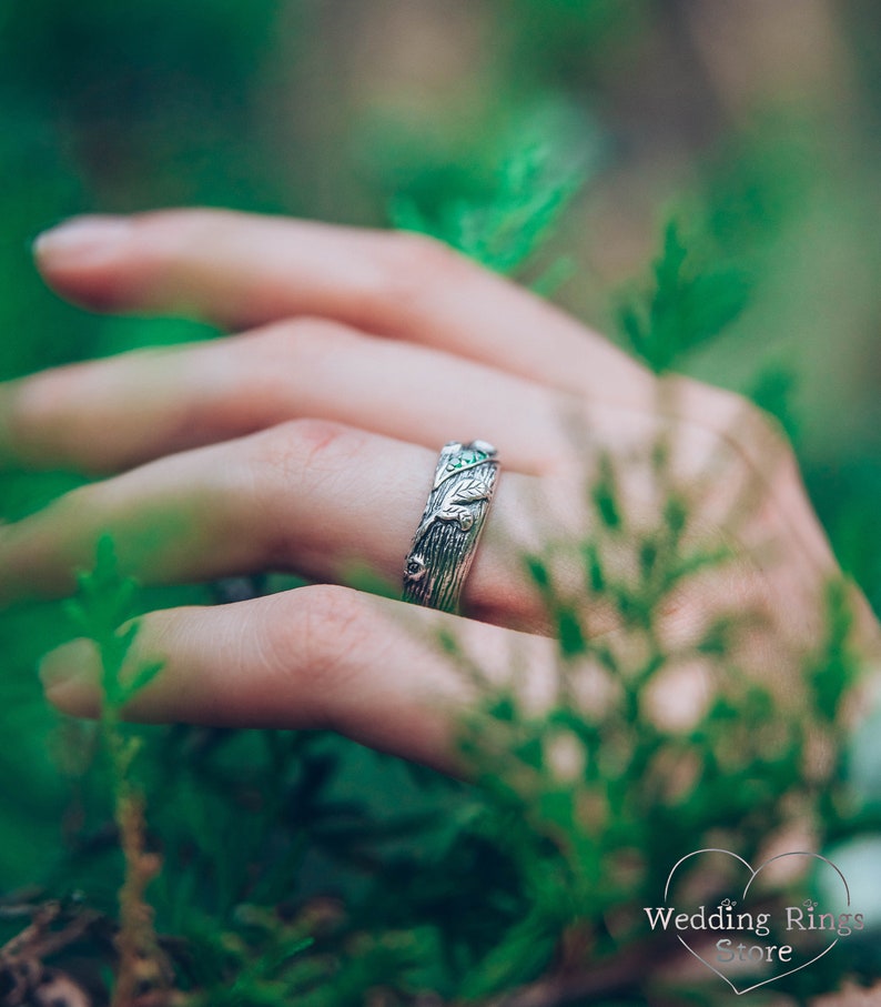 Rustic Style Silver Branch Ring band & Emeralds in Leaves