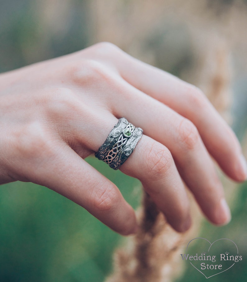 Silver bark with Celtic Weaves & Peridot Wedding Ring