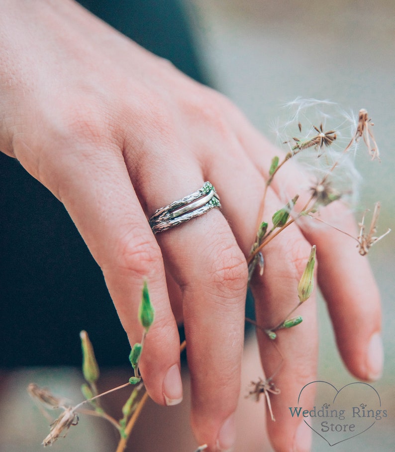 Silver Chevron Wedding Ring with Cute Tiny Emeralds