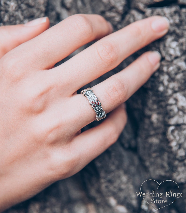 Silver Tree bark with cross Garnets Ring for Men and Women