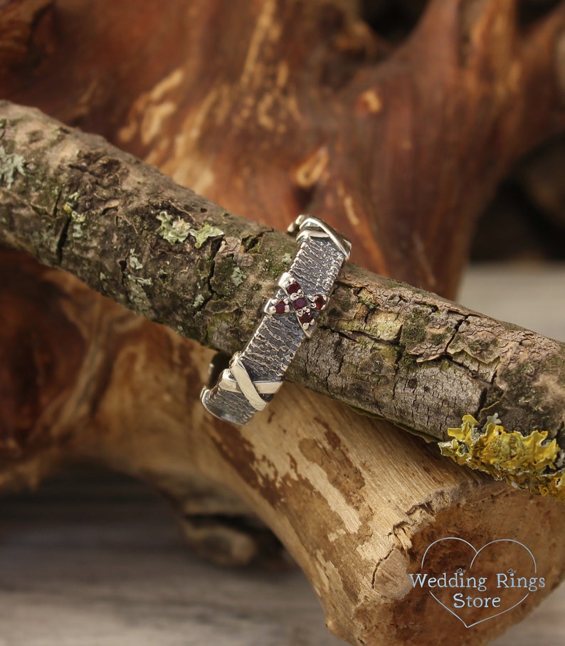 Silver Tree bark with cross Garnets Ring for Men and Women