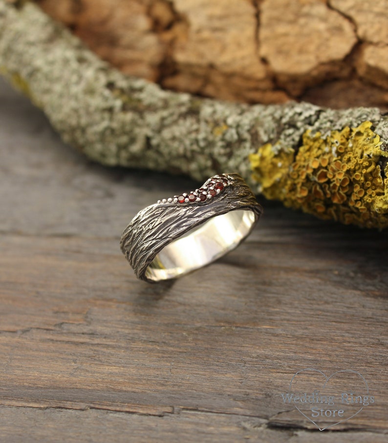 Sterling Silver Tree bark Wide Wedding Band with Garnets