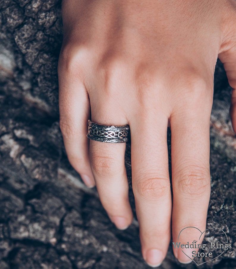 Unique Silver Tree bark Wedding Band with Celtic pattern