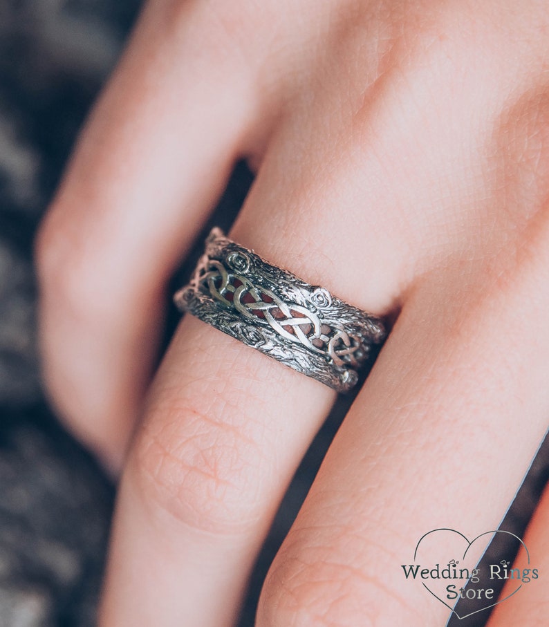 Unique Silver Tree bark Wedding Band with Celtic pattern