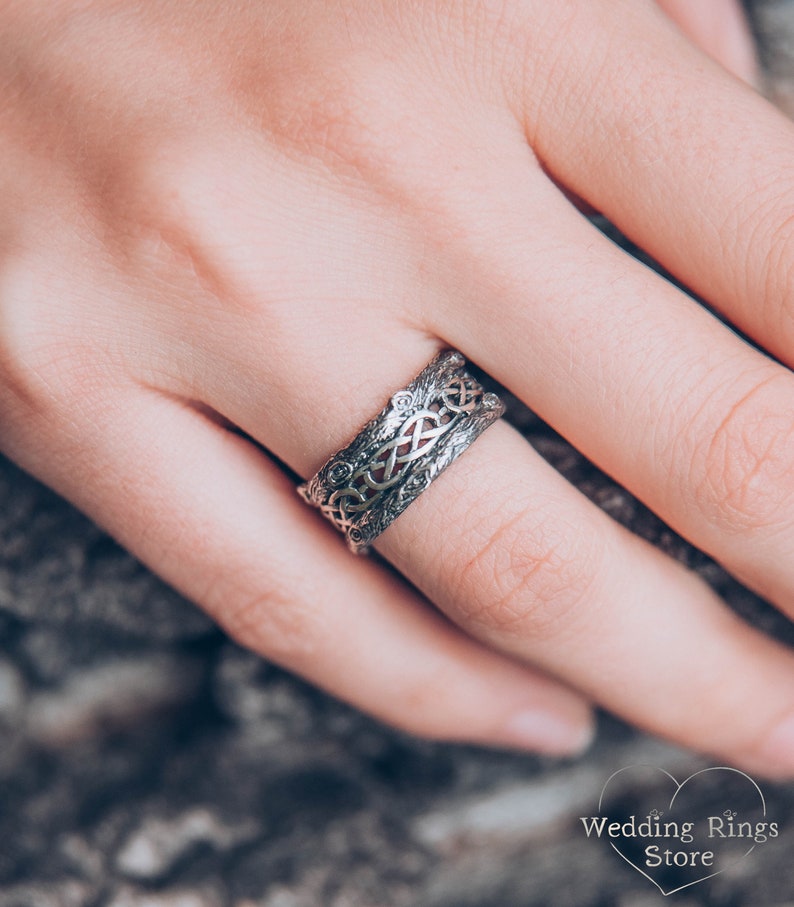 Unique Silver Tree bark Wedding Band with Celtic pattern