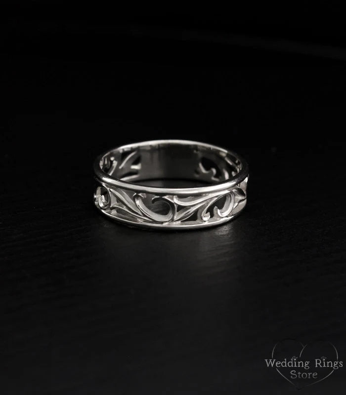 Vintage Style openwork Nature Leaves Silver Wedding Band