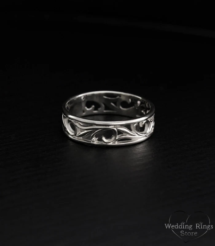 Vintage Style openwork Nature Leaves Silver Wedding Band