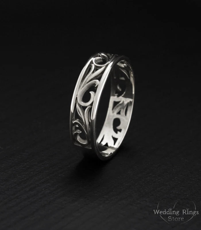 Vintage Style openwork Nature Leaves Silver Wedding Band