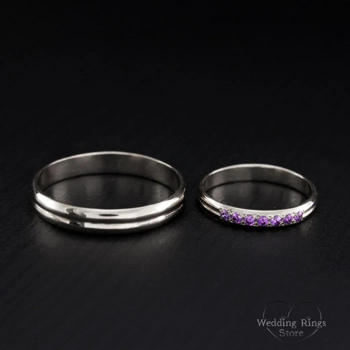 Tiny Silver Couple Wedding Bands Set His & Hers