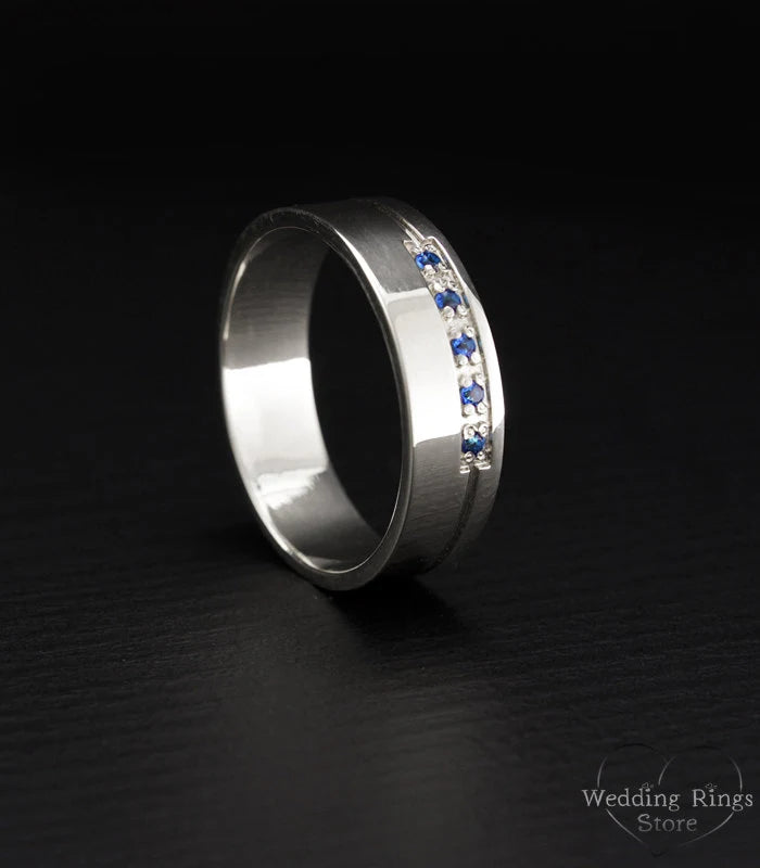 Classy Men's Wide Silver Wedding Band with Gemstones