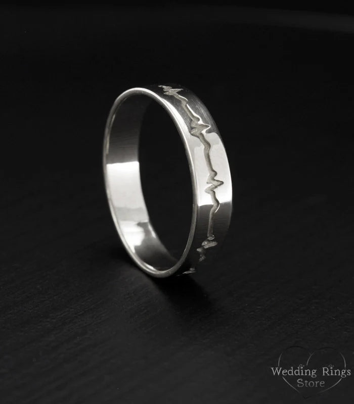 Engraved Heartbeat Unique Silver Plain Wedding Ring