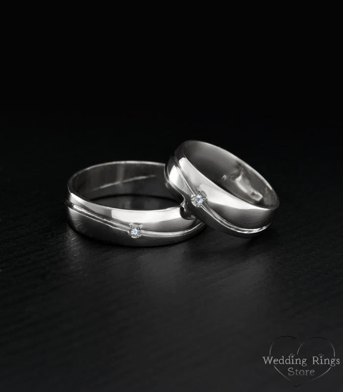 Stone and Wave Wedding Rings Set His & Hers in Silver