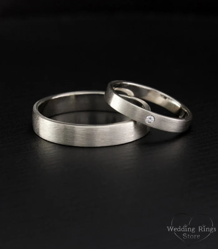 Simple Silver Plain & Diamond Wedding Rings Set