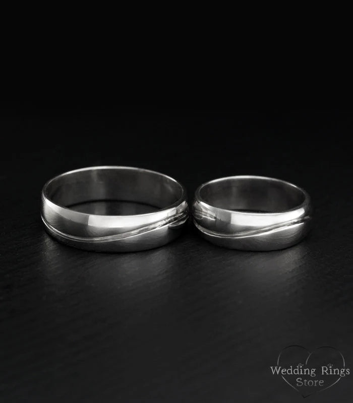 Wide & Engraved Wave Wedding Bands Set for Couples