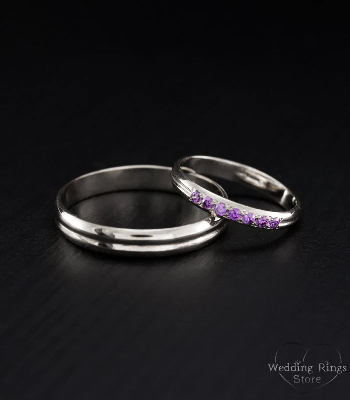 Tiny Silver Couple Wedding Bands Set His & Hers