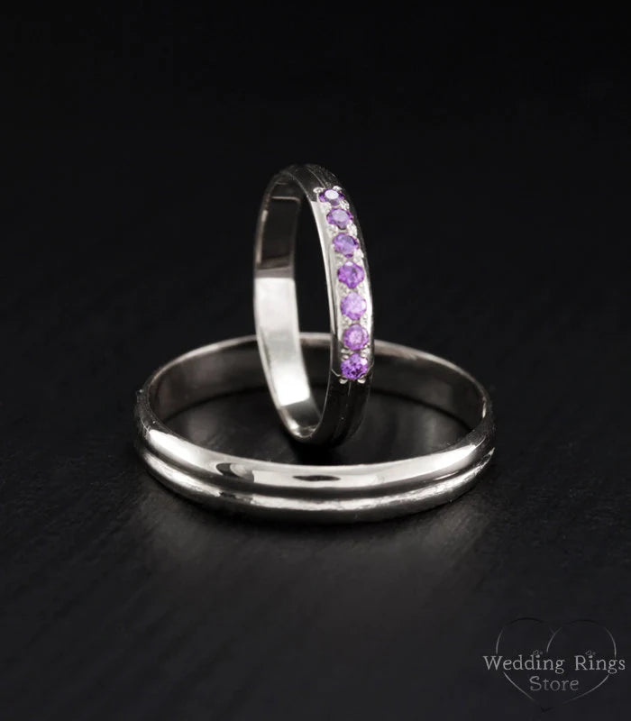 Tiny Silver Couple Wedding Bands Set His & Hers