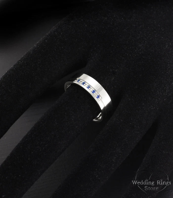 Classy Men's Wide Silver Wedding Band with Gemstones