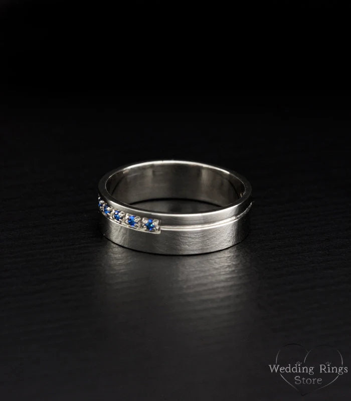 Classy Men's Wide Silver Wedding Band with Gemstones