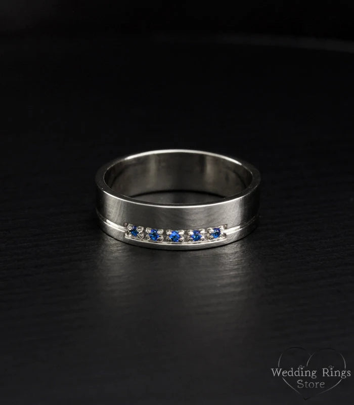 Classy Men's Wide Silver Wedding Band with Gemstones