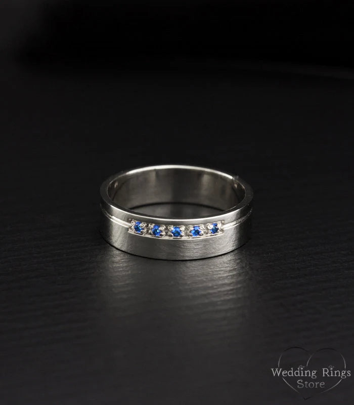 Classy Men's Wide Silver Wedding Band with Gemstones