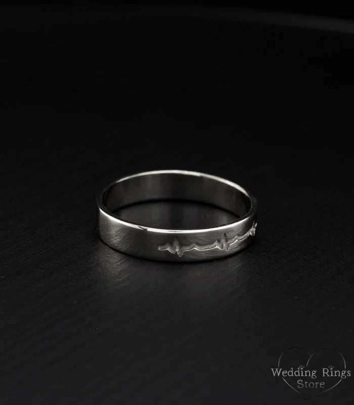 Engraved Heartbeat Unique Silver Plain Wedding Ring