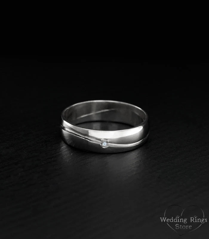 Stone and Wave Wedding Rings Set His & Hers in Silver