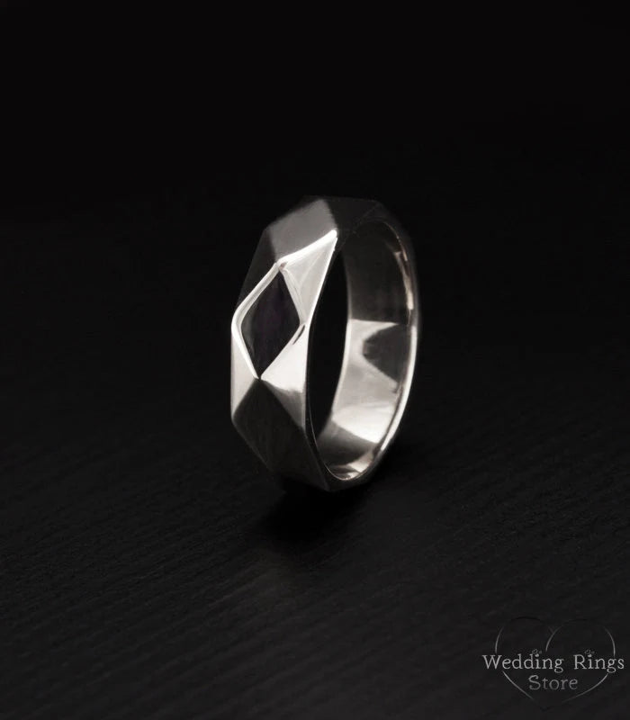 Faceted Surface Chunky Wedding Band in Solid Silver 925