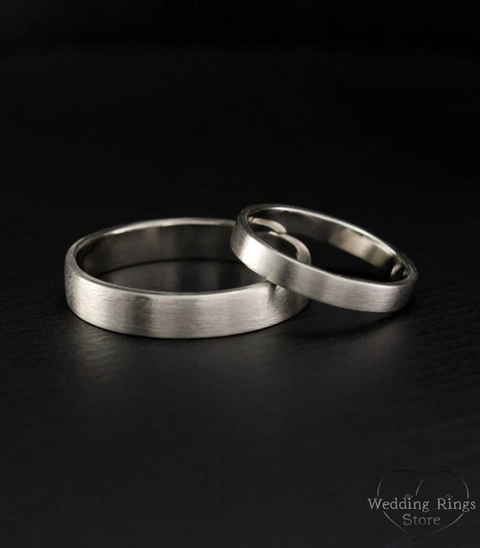 Silver Plain Couple Promise and Wedding Bands Set Matte