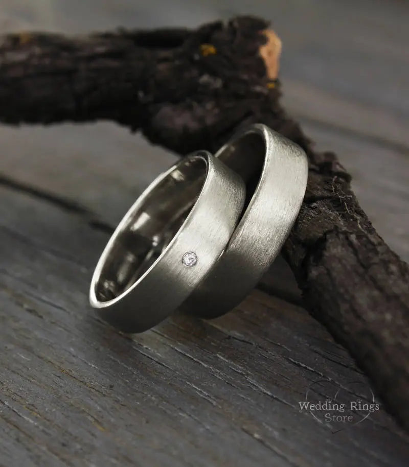 Matte and Diamond Simple Silver Wedding Bands Set