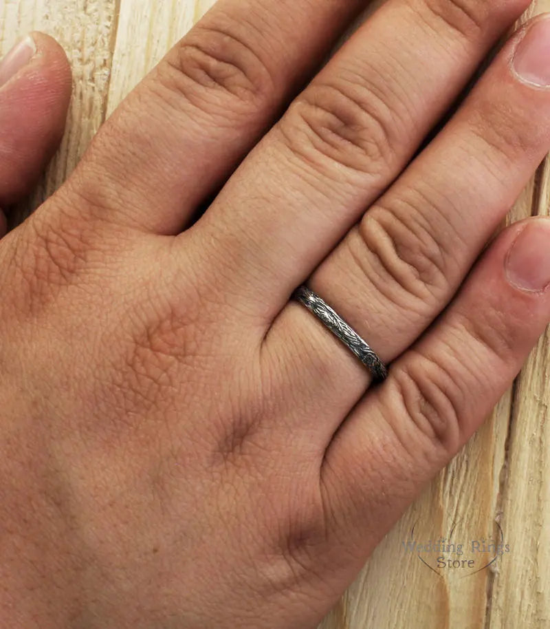 Tree bark His & Her Silver Nature Wedding Rings Set