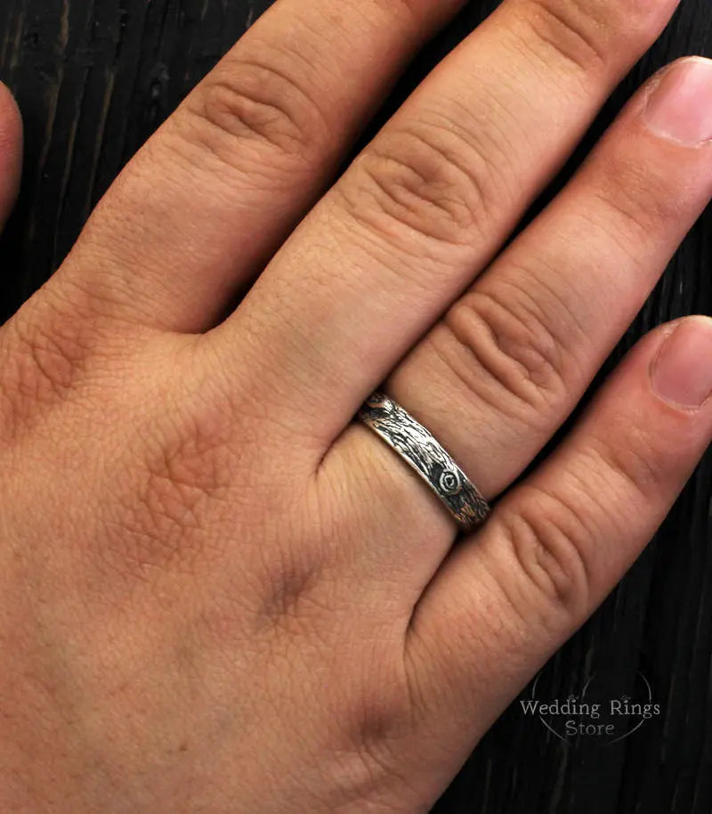 Tree bark His & Her Silver Nature Wedding Rings Set