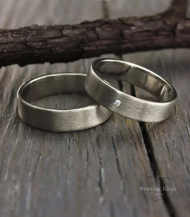 Matte and Diamond Simple Silver Wedding Bands Set