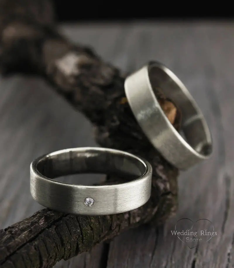 Matte and Diamond Simple Silver Wedding Bands Set