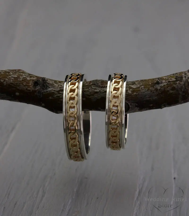 Mixed metals Chain Rings — Couple Wedding Set